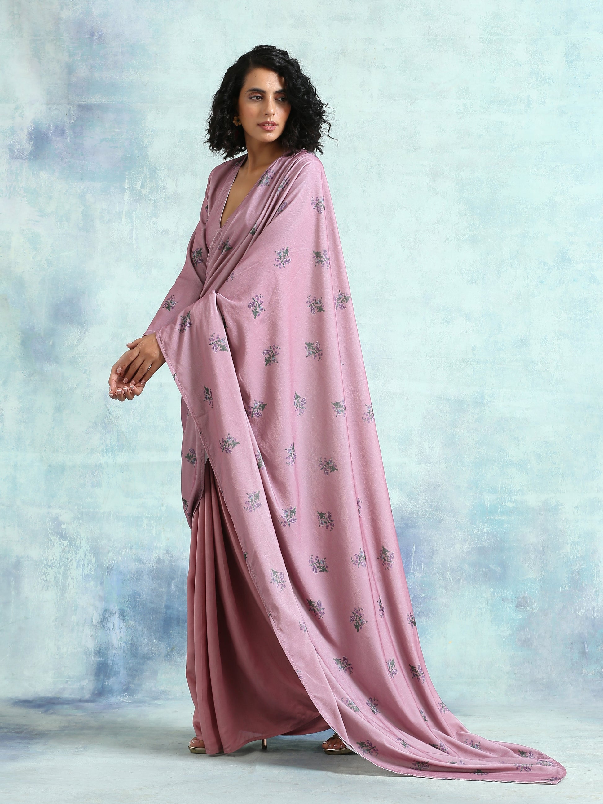 trueBrowns Light Mauve Printed Velvet Ready to Wear Saree | Swadesiicart