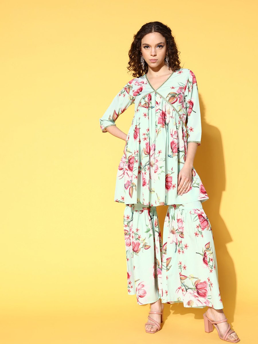 Ahalyaa Women Floral Printed Pleated Kurti with Sharara | Swadesiicart