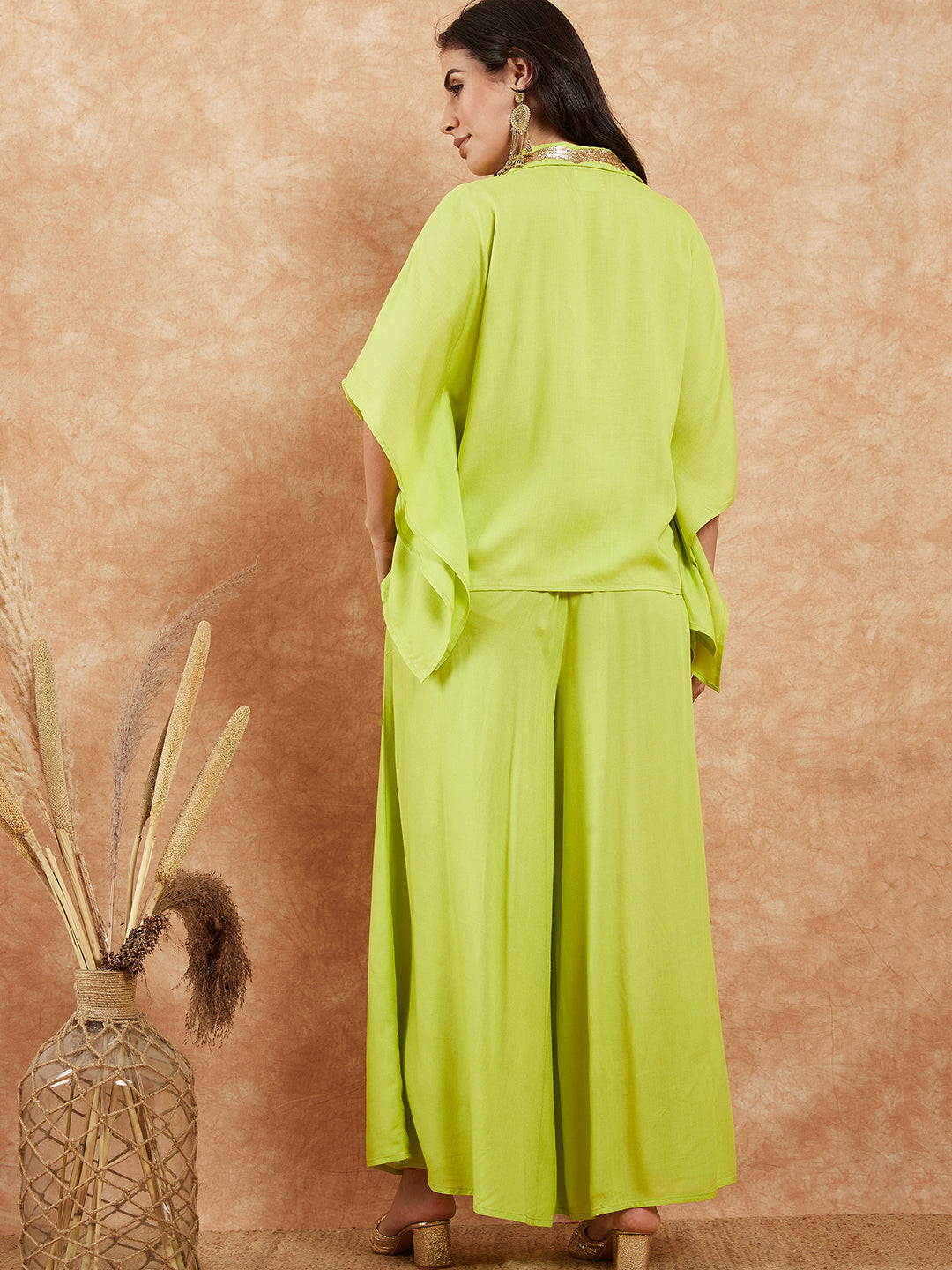 InWeave Women's Lime Green Solid Collar Neck Boho Top Bottom Set - Swadesiicart