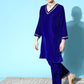 InWeave Women's Blue Velvet Kurta Set With Beige Brocade Dupatta - Swadesiicart