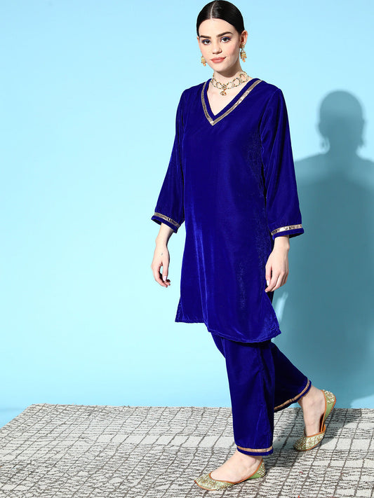 InWeave Women's Blue Velvet Kurta Set With Beige Brocade Dupatta - Swadesiicart
