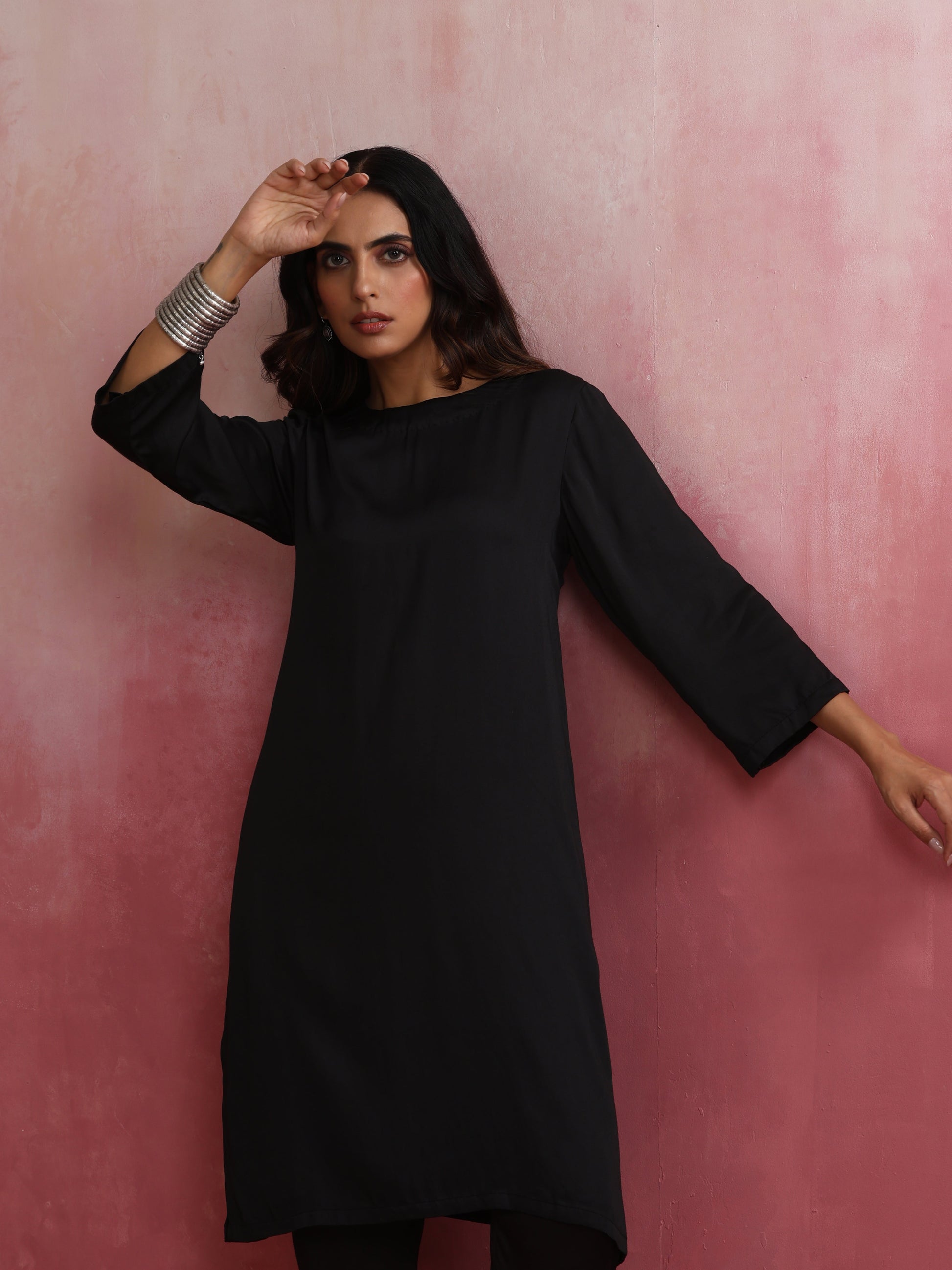 trueBrowns Black Modal Round Neck Kurta Co-ord Set - Swadesiicart