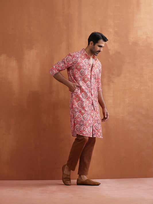 trueBrowns Men's Beige Printed Front Open Kurta | Swadesiicart