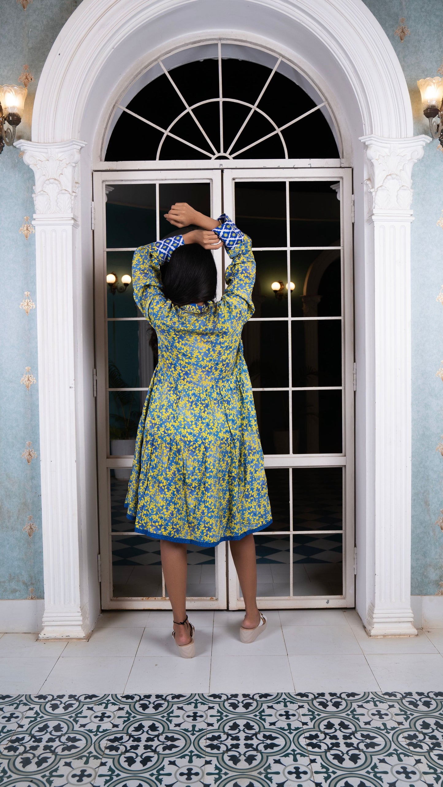 Noroke Sustainable fabric | Cupro Muslin Blue Pottery Tunic Dress | Swadesiicart