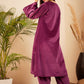 InWeave Women's Wine V Neck Asymmetrical Pleated Velvet Kurta Set - Swadesiicart