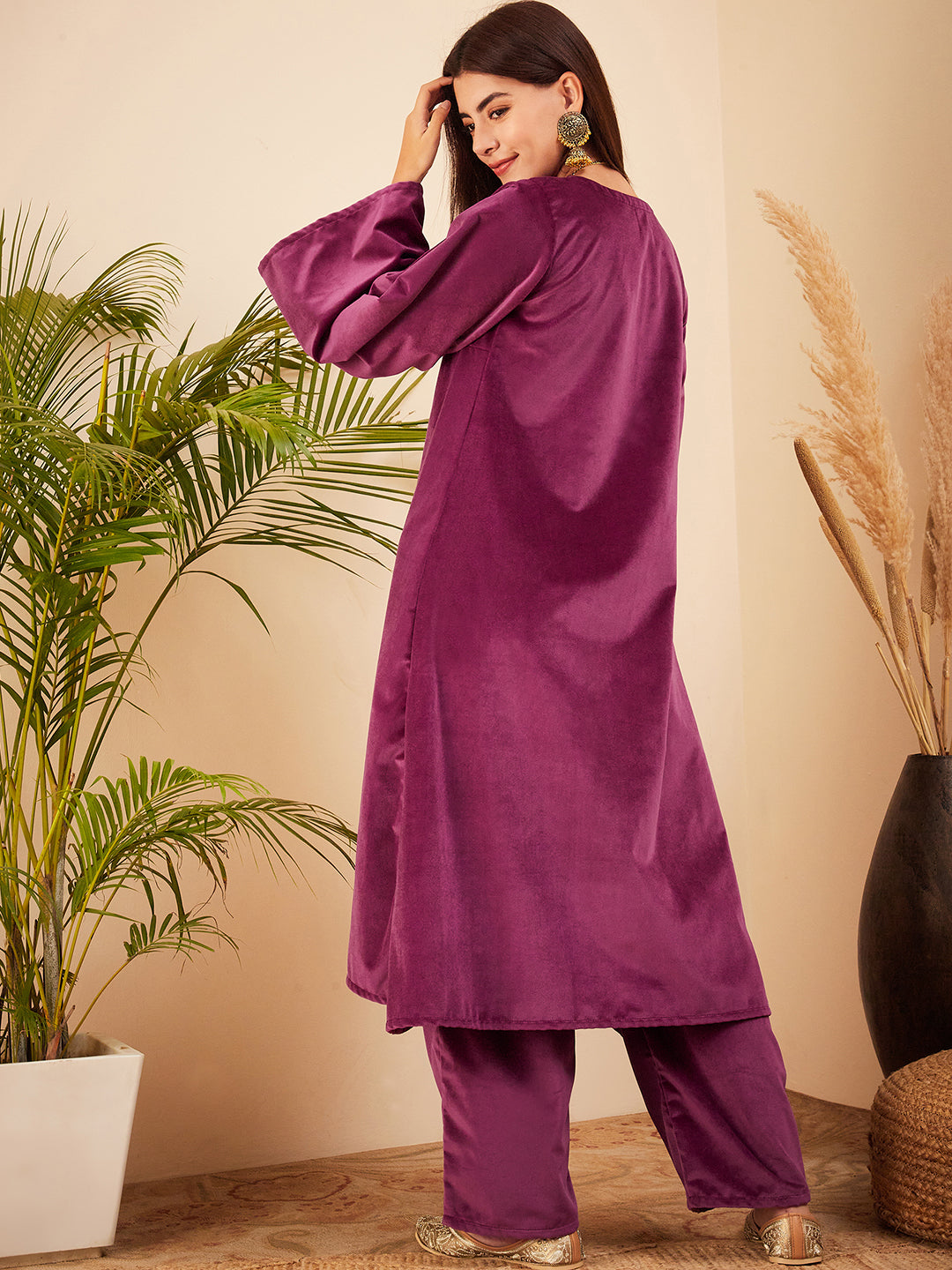 InWeave Women's Wine V Neck Asymmetrical Pleated Velvet Kurta Set - Swadesiicart