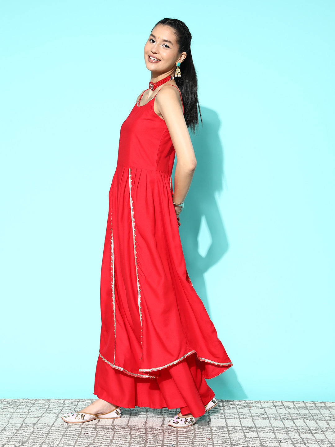 InWeave Women's Red Gota Strappy Kurta Set - Swadesiicart