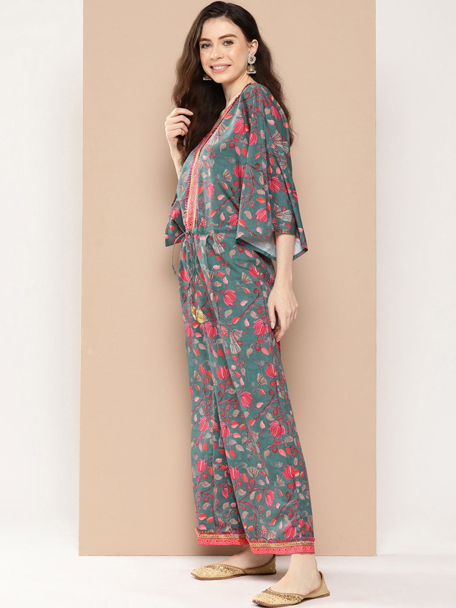 Ahalyaa Printed Basic Jumpsuit with Lace Inserts | Swadesiicart