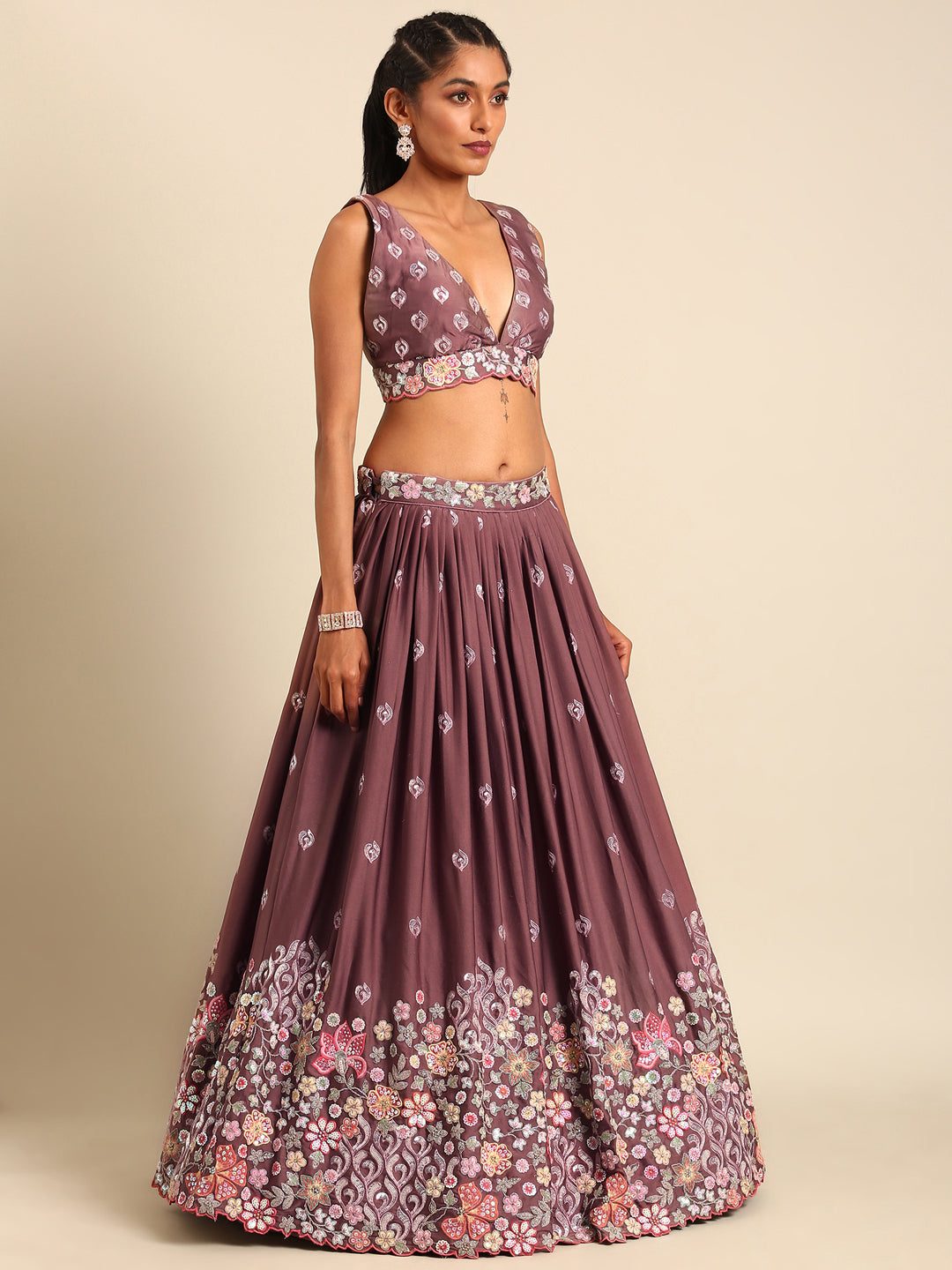 House of Panchhi Rose Gold Chinon Sequins Embroidery Lehenga Choli & Dupatta | Swadesiicart