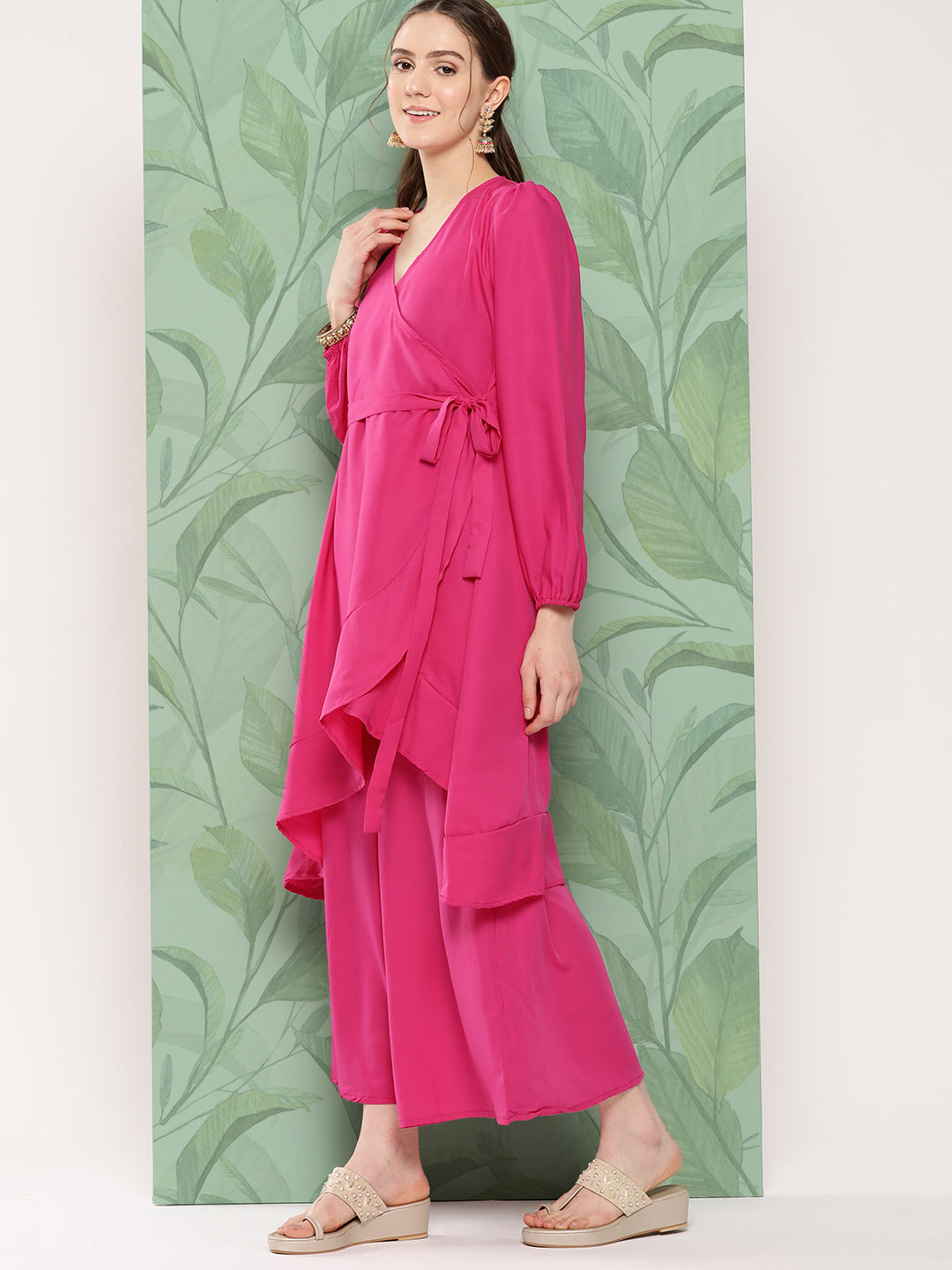 InWeave Women's Magenta Tie Up Kurta Set W Camel Brown Or Dupatta - Swadesiicart