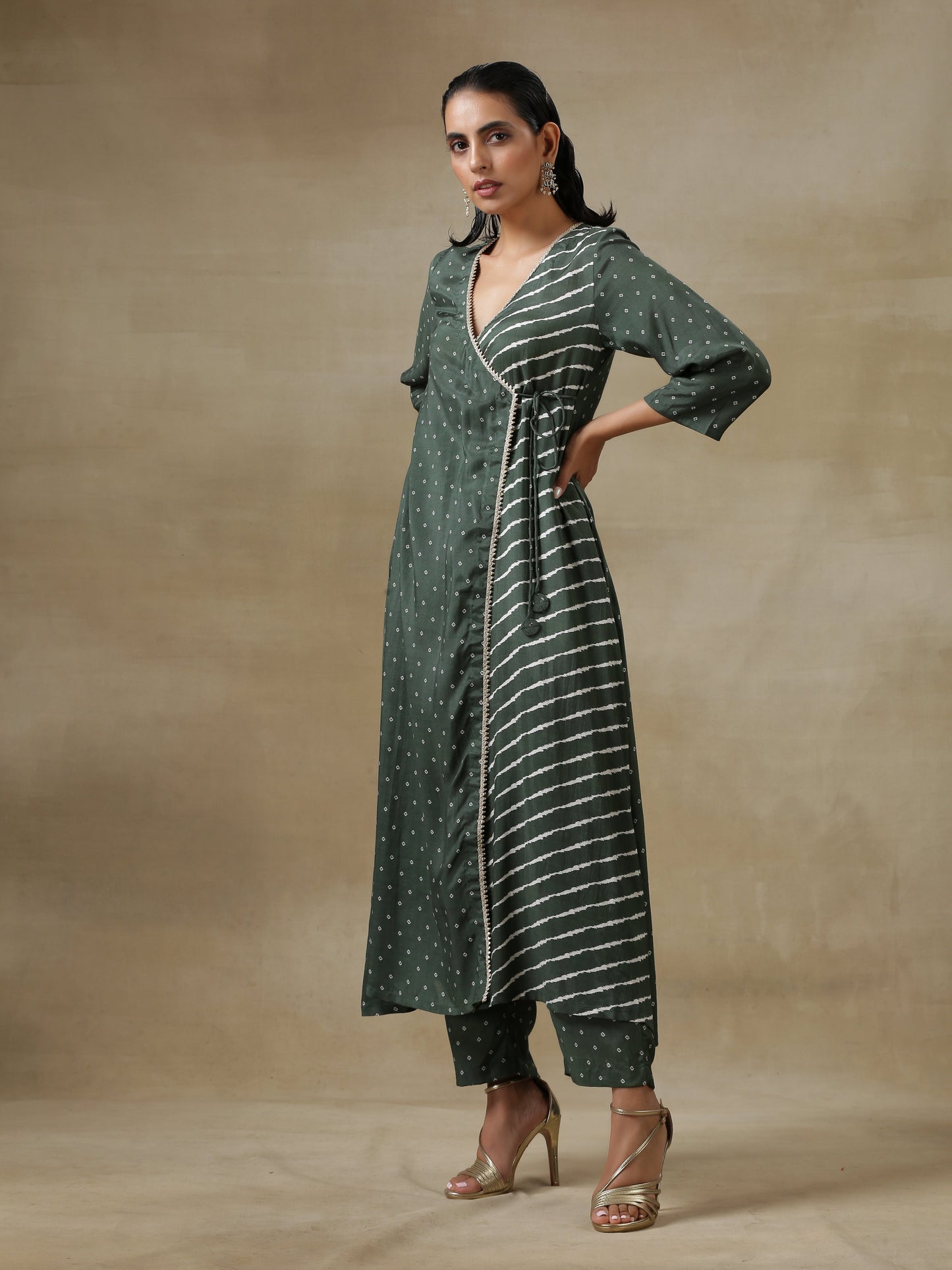 trueBrowns Dark Green Bandhani Printed Silk Angrakha Kurta Pant Set | Swadesiicart