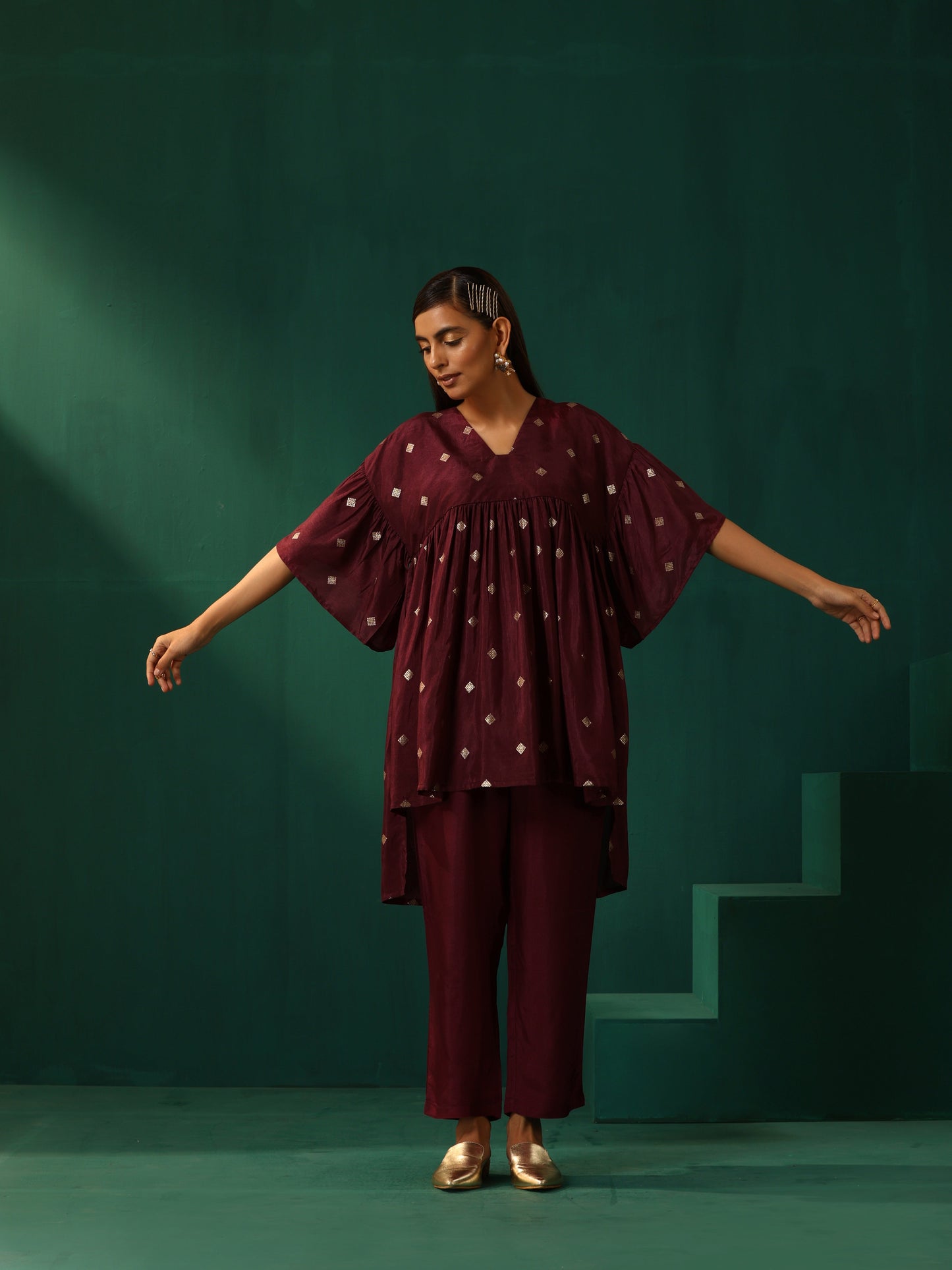 trueBrowns Wine Diamond Viscose Silk Waist Sleeve Gathered Co-ord Set - Swadesiicart