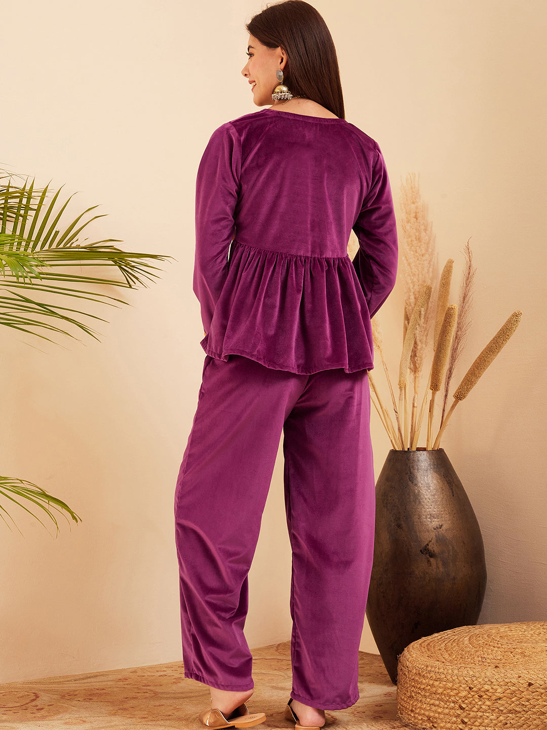 InWeave Women's Wine Mughal Shaan Style Velvet Short Kurta Set - Swadesiicart