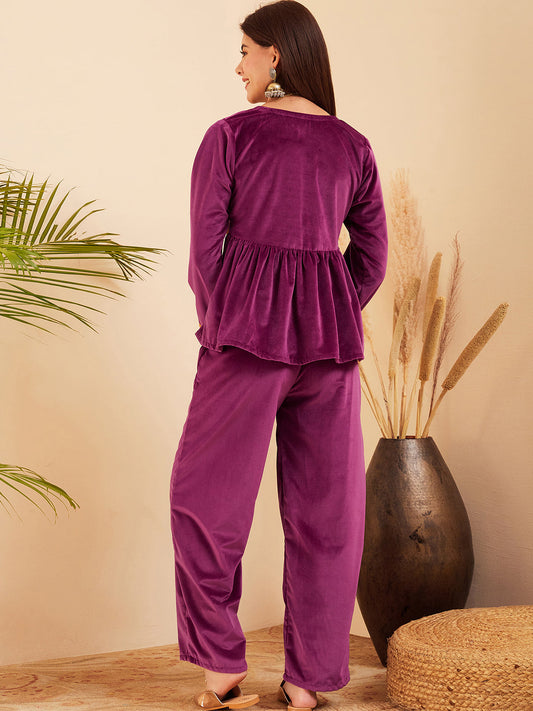 InWeave Women's Wine Mughal Shaan Style Velvet Short Kurta Set - Swadesiicart