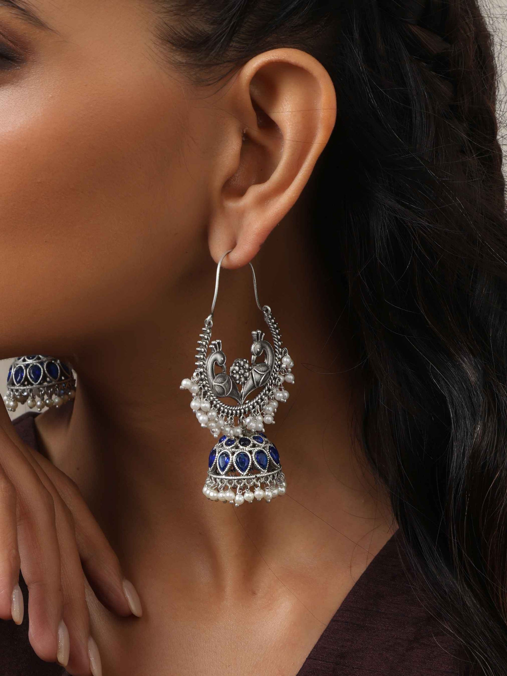trueBrowns Silver Tone Peacock Jhumka Earrings - Swadesiicart