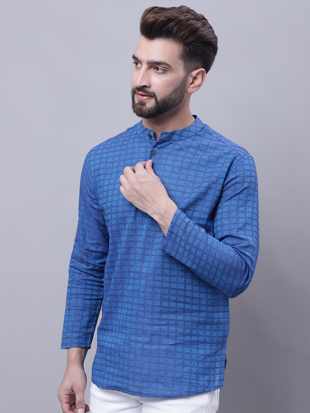Even Apparels Blue Pure Cotton Short Kurta With Band Collar | Swadesiicart
