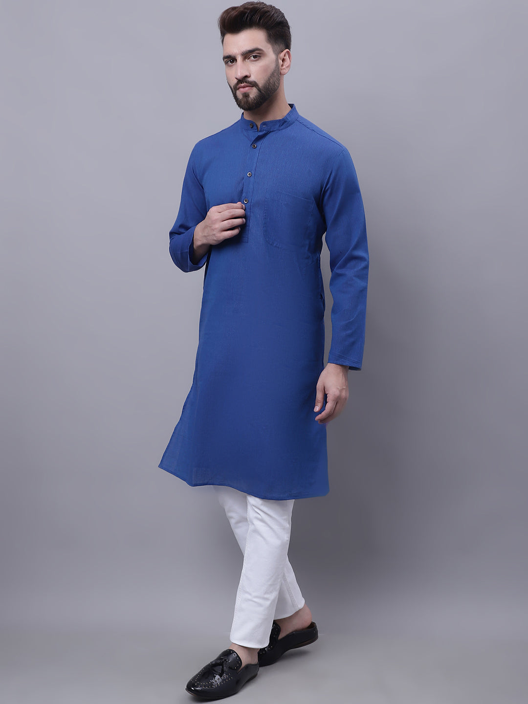Even Apparels Blue Pure Cotton Kurta With Band Collar | Swadesiicart