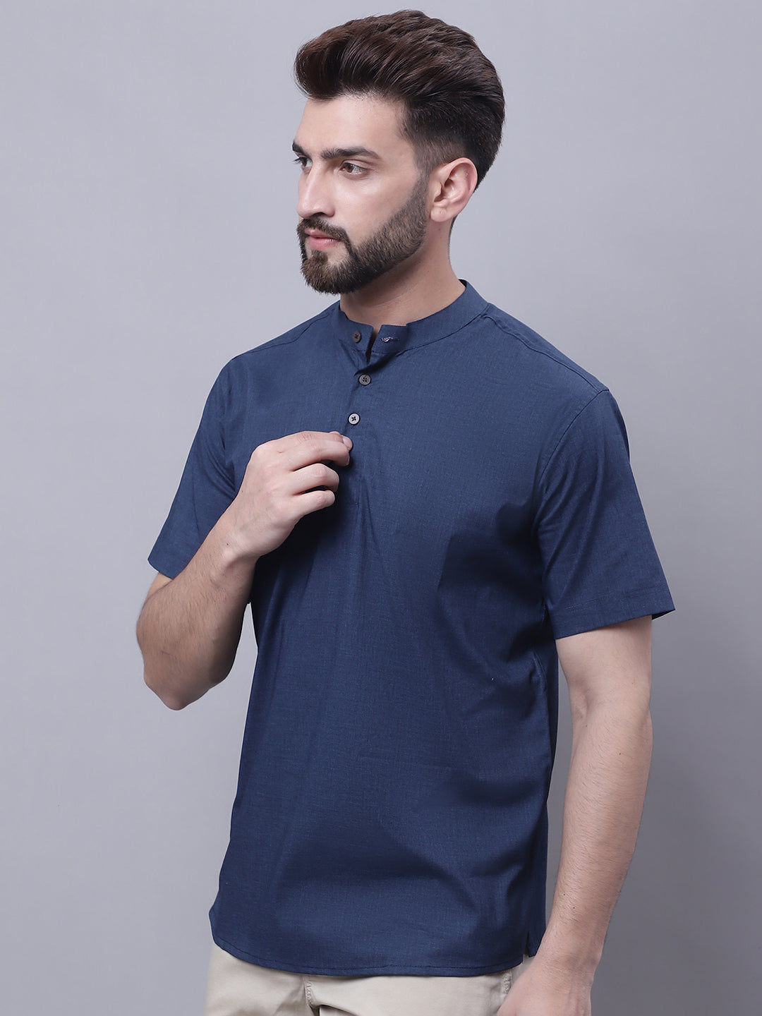 Even Apparels Blue Pure Cotton Short Kurta With Band Collar | Swadesiicart