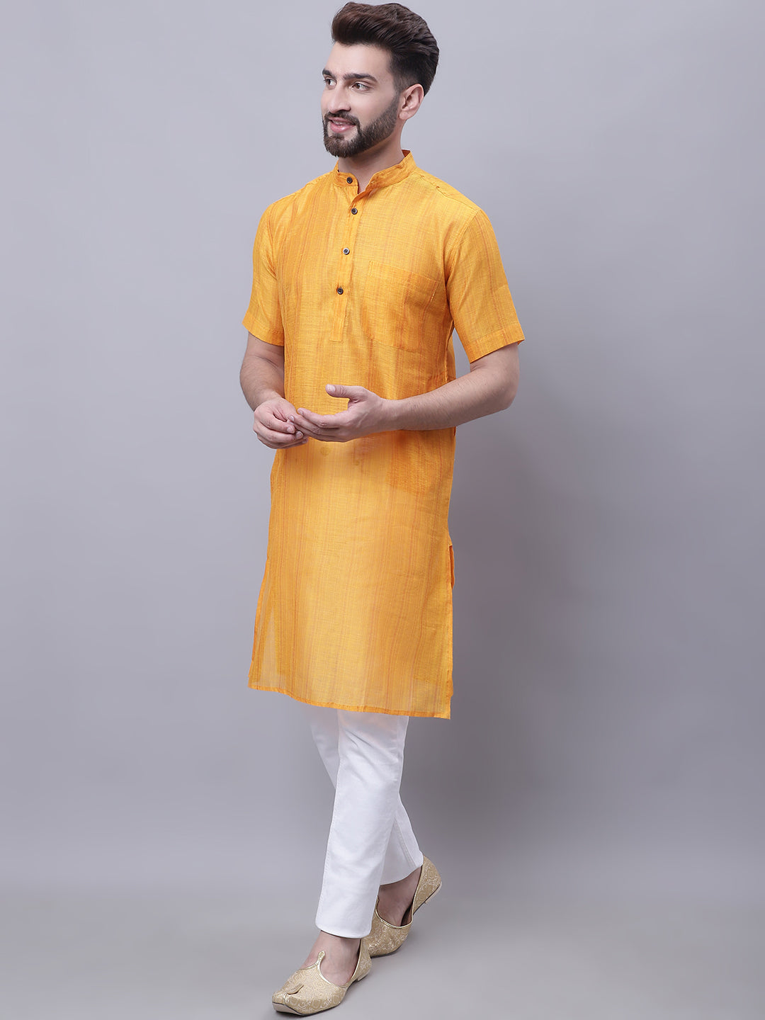 Even Apparels Yellow Pure Cotton Short Sleeves Kurta With Band Collar | Swadesiicart