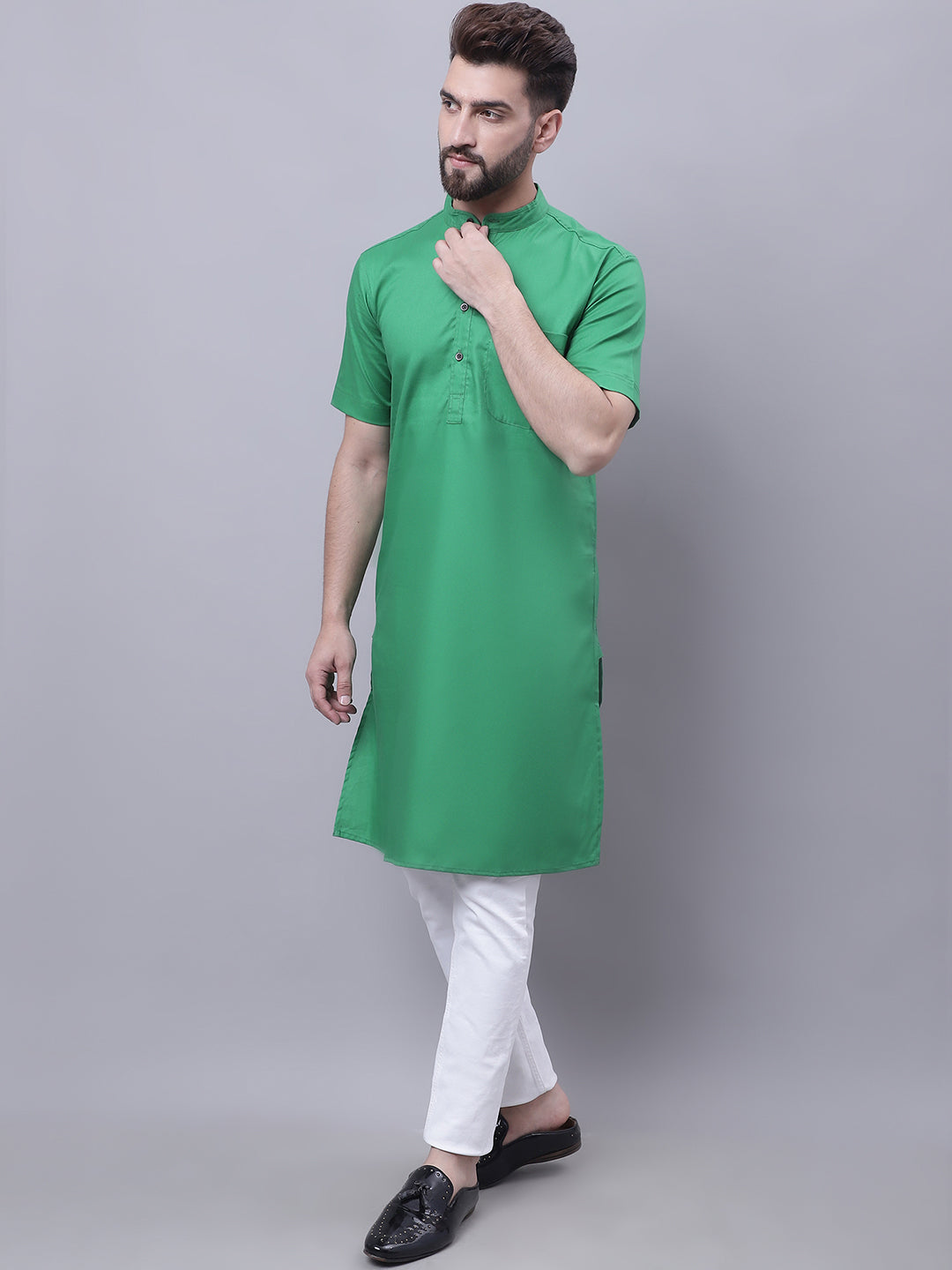 Even Apparels Green Pure Cotton Short Sleeves Kurta With Band Collar | Swadesiicart