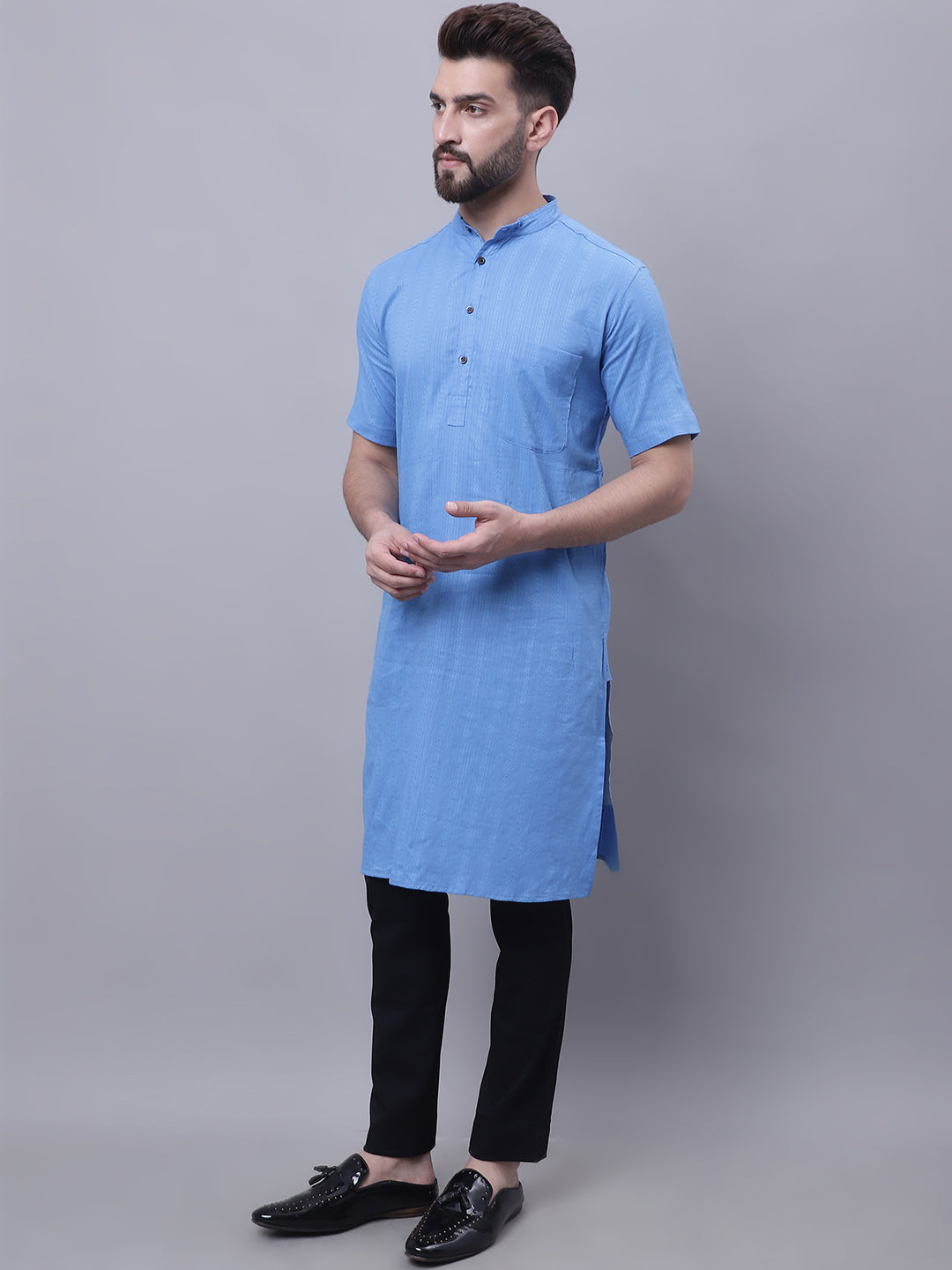Even Apparels Blue Pure Cotton Short Sleeves Kurta With Band Collar | Swadesiicart