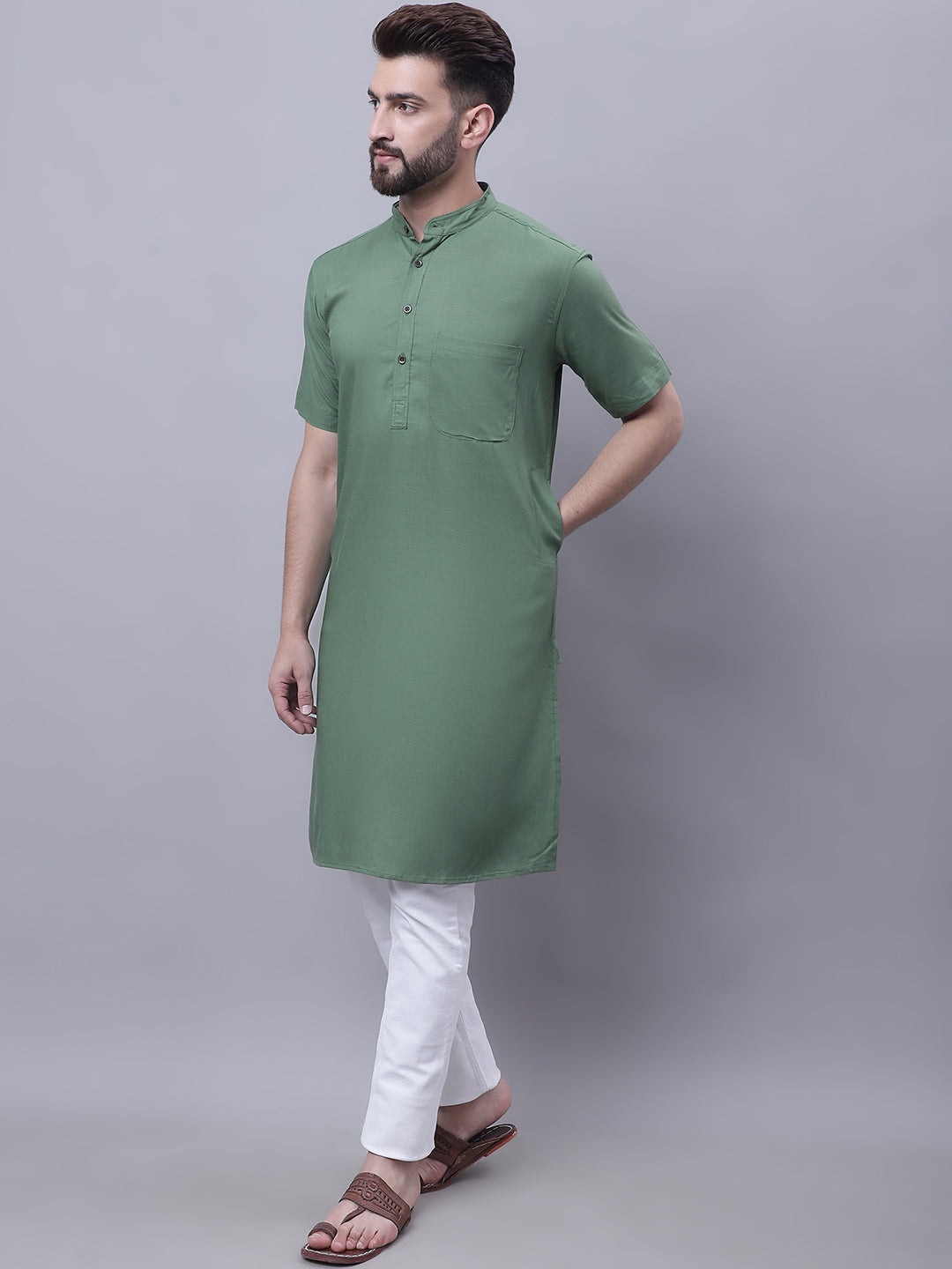Even Apparels Green Pure Cotton Short Sleeves Kurta With Band Collar | Swadesiicart