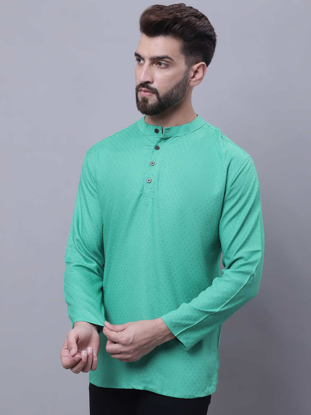 Even Apparels Green Pure Cotton Short Kurta With Band Collar | Swadesiicart