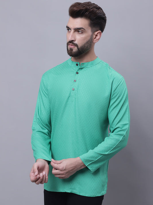 Even Apparels Green Pure Cotton Short Kurta With Band Collar | Swadesiicart