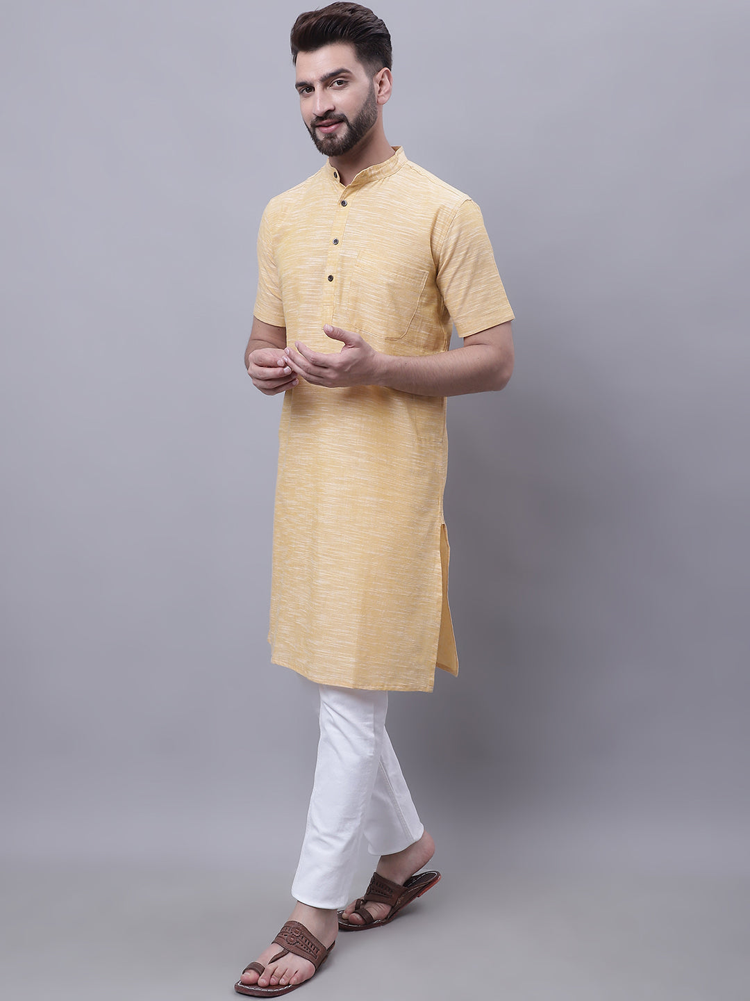 Even Apparels Yellow Pure Cotton Short Sleeves Kurta With Band Collar | Swadesiicart