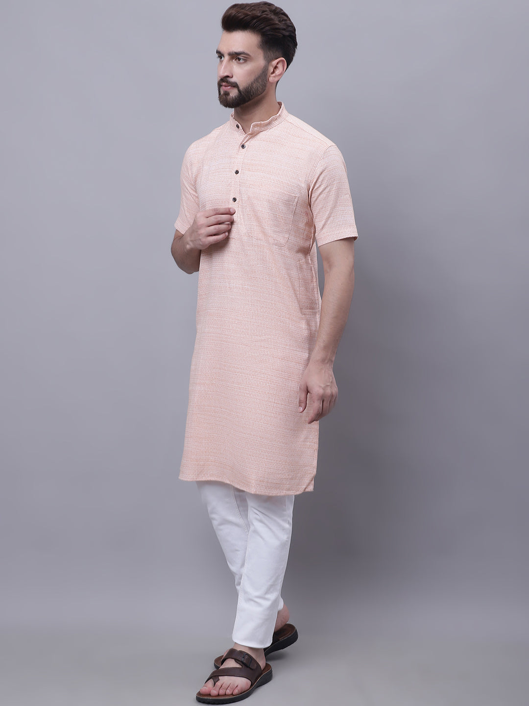 Even Apparels Peach Pure Cotton Short Sleeves Kurta With Band Collar | Swadesiicart