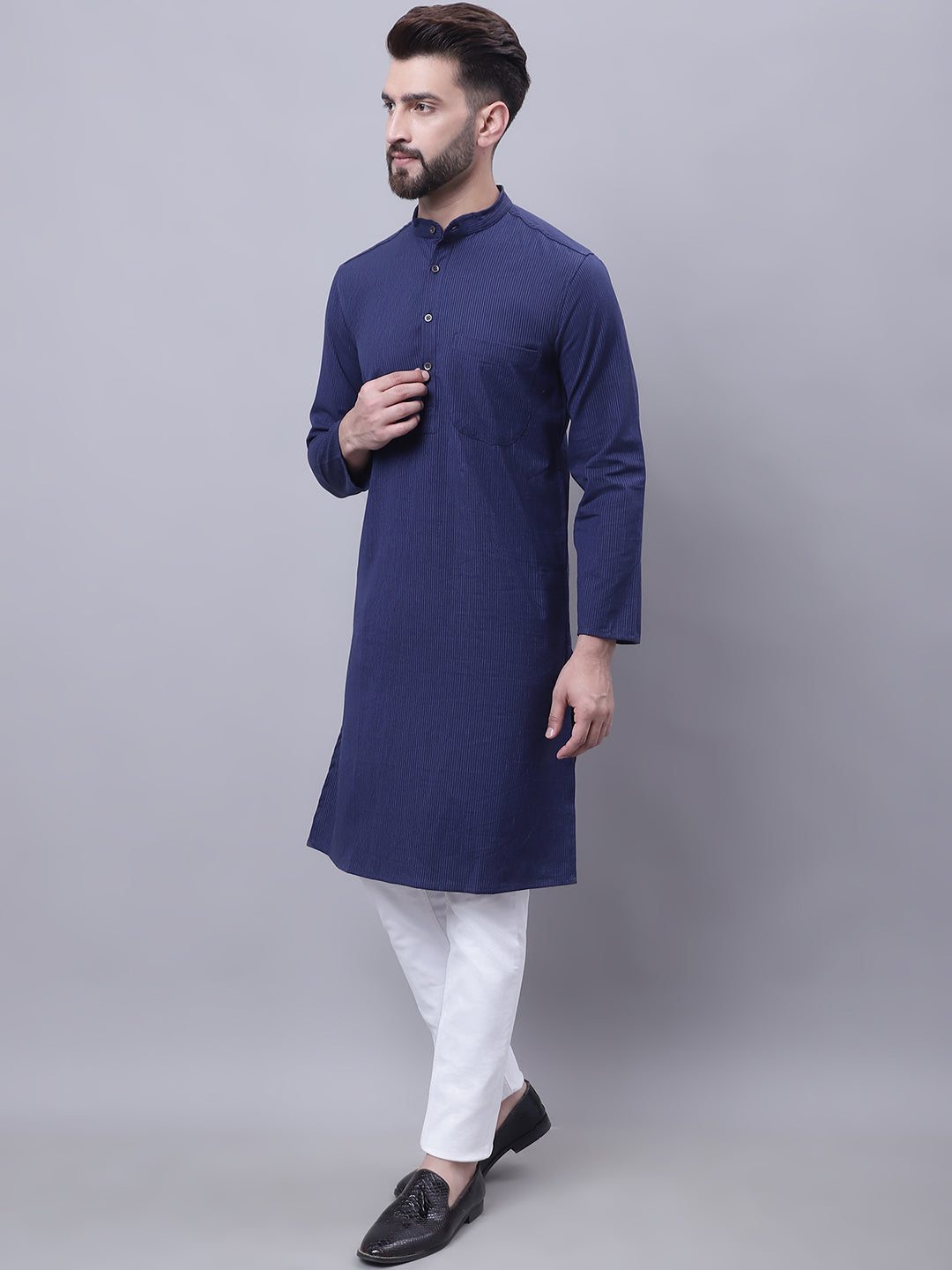 Even Apparels Blue Pure Cotton Kurta With Band Collar | Swadesiicart