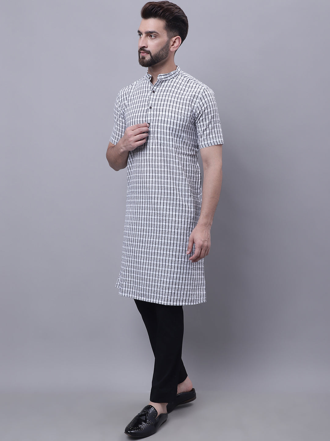 Even Apparels Multi Pure Cotton Short Sleeves Kurta With Band Collar | Swadesiicart