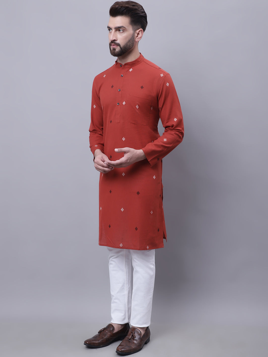 Even Apparels Rust Pure Cotton Kurta With Band Collar | Swadesiicart