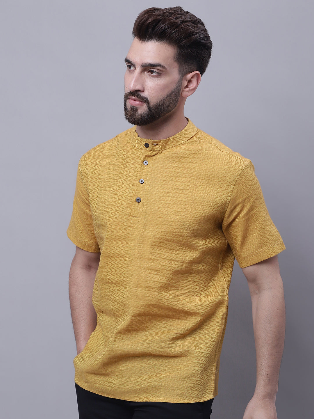 Even Apparels Yellow Pure Cotton Short Sleeves Kurta With Band Collar | Swadesiicart
