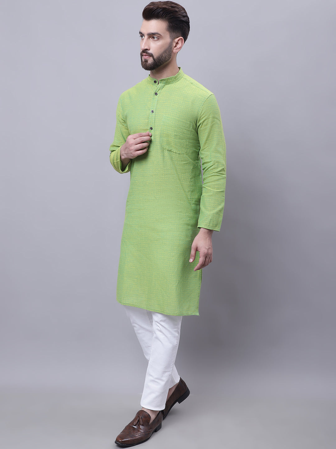 Even Apparels Green Pure Cotton Kurta With Band Collar | Swadesiicart