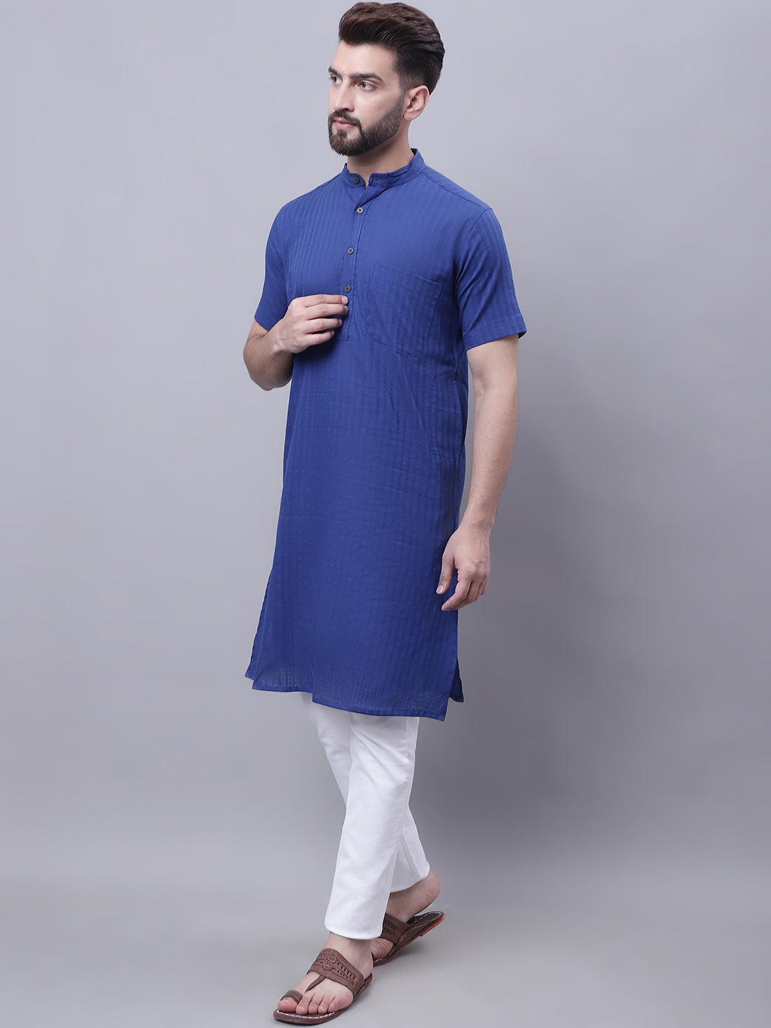 Even Apparels Blue Pure Cotton Short Sleeves Kurta With Band Collar | Swadesiicart