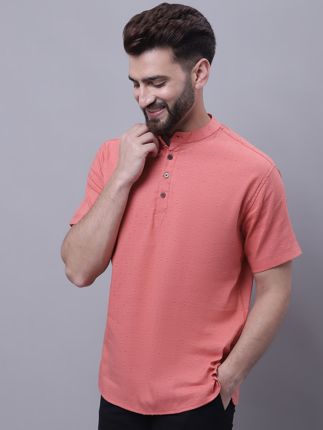 Even Apparels Peach Pure Cotton Short Sleeves Kurta With Band Collar | Swadesiicart