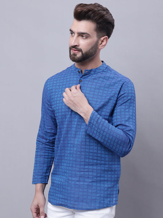 Even Apparels Blue Pure Cotton Short Kurta With Band Collar | Swadesiicart