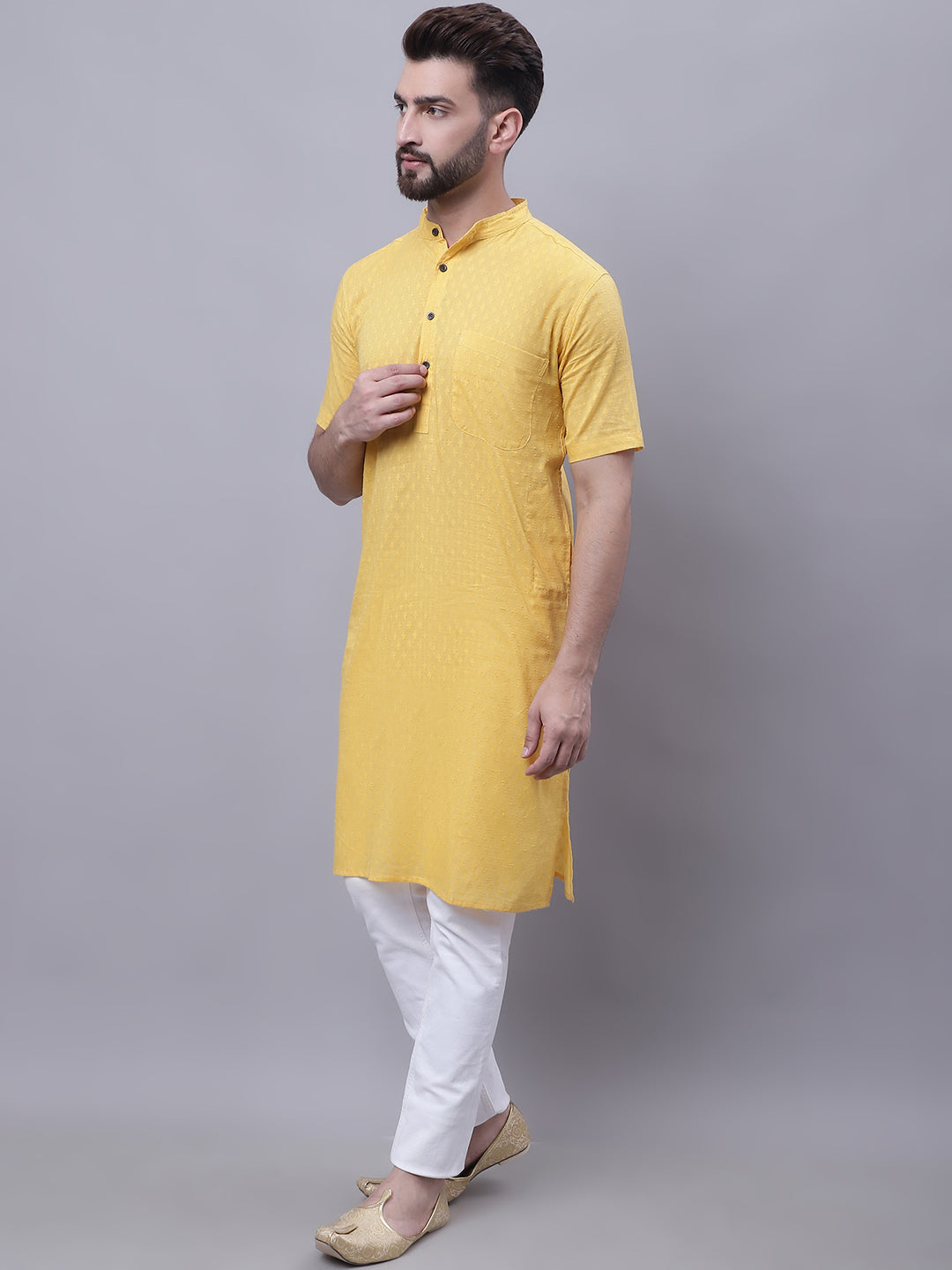 Even Apparels Yellow Pure Cotton Short Sleeves Kurta With Band Collar | Swadesiicart
