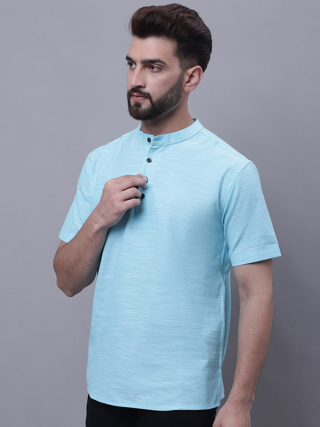 Even Apparels Blue Pure Cotton Short Kurta With Band Collar | Swadesiicart