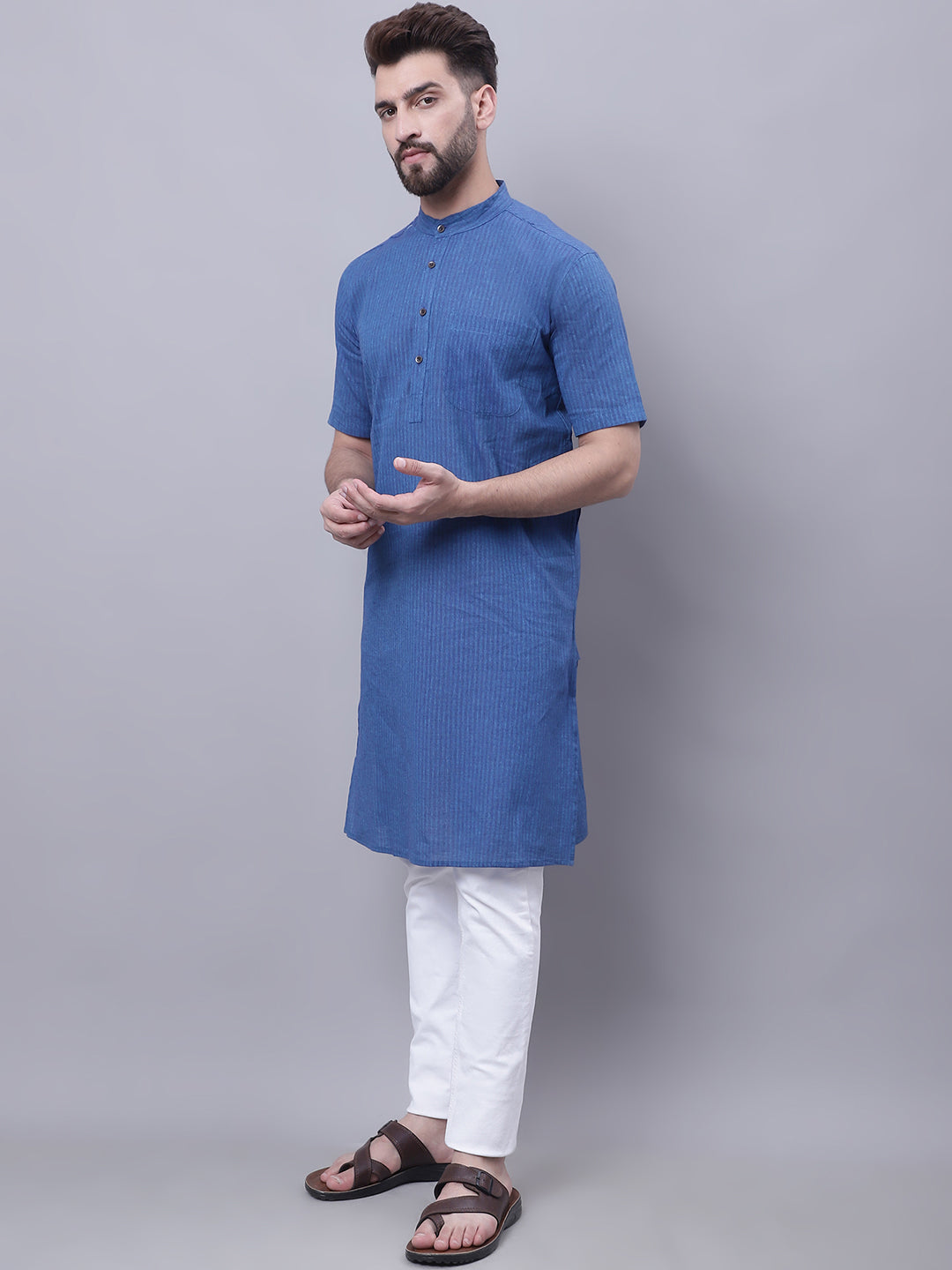 Even Apparels Blue Pure Cotton Short Sleeves Kurta With Band Collar | Swadesiicart