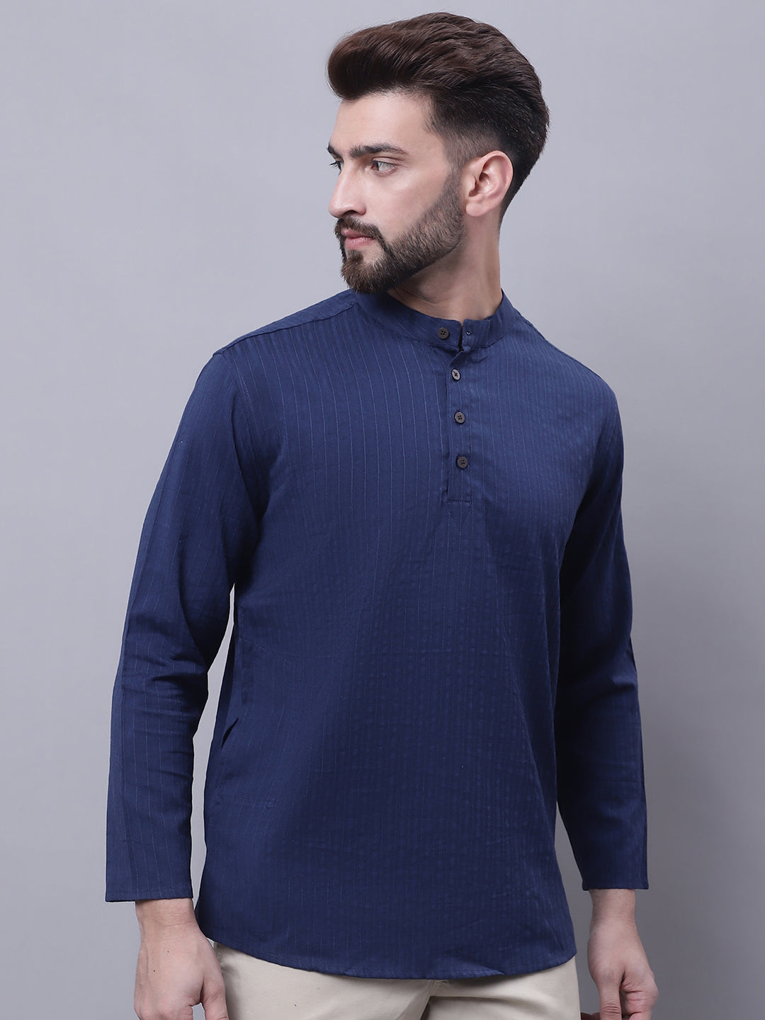 Even Apparels Blue Pure Cotton Short Kurta With Band Collar | Swadesiicart