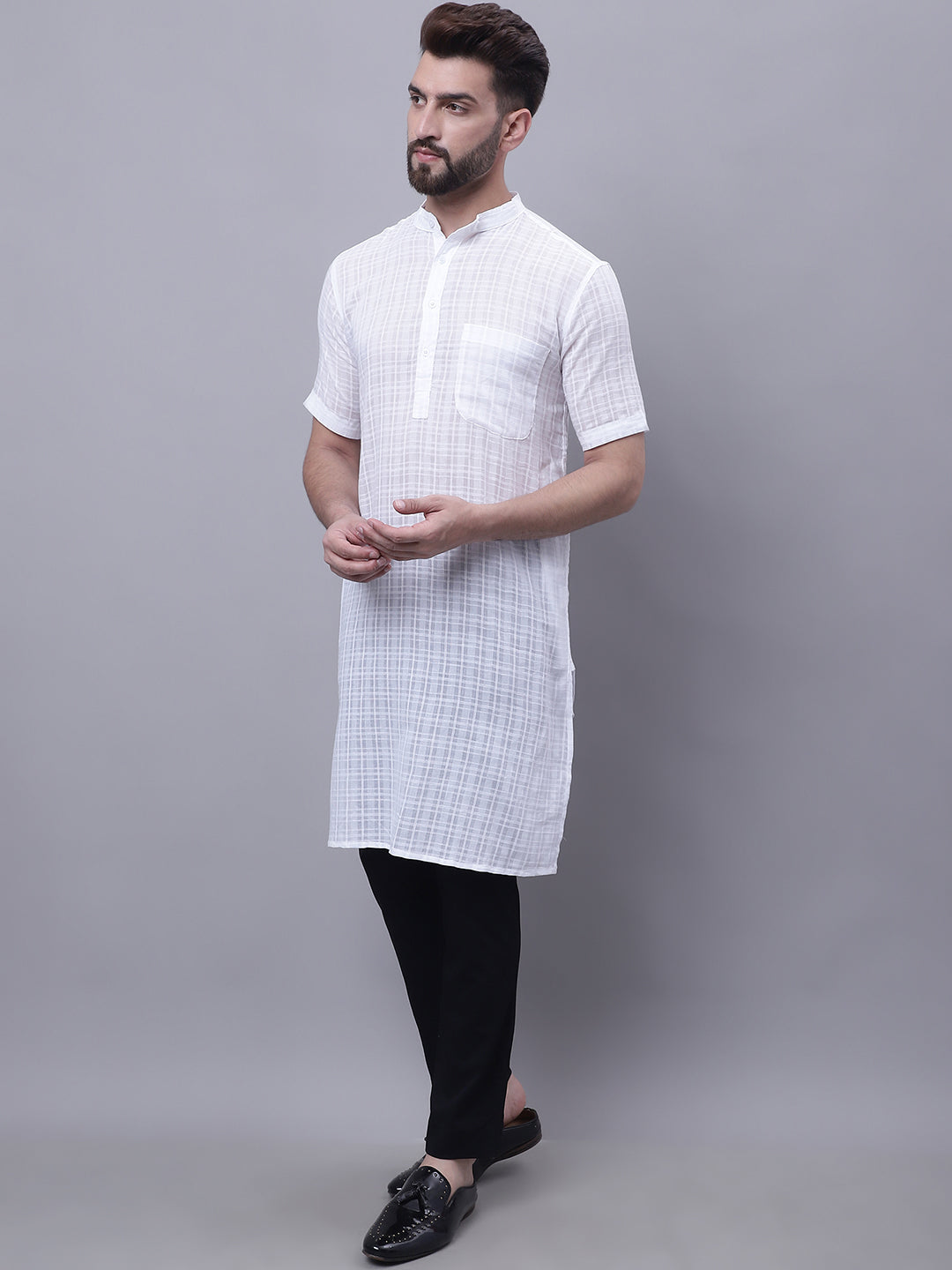 Even Apparels White Pure Cotton Short Sleeves Kurta With Band Collar | Swadesiicart