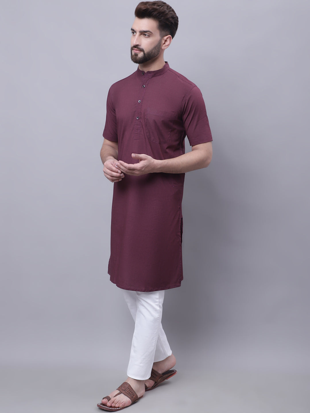 Even Apparels Wine Pure Cotton Short Sleeves Kurta With Band Collar | Swadesiicart