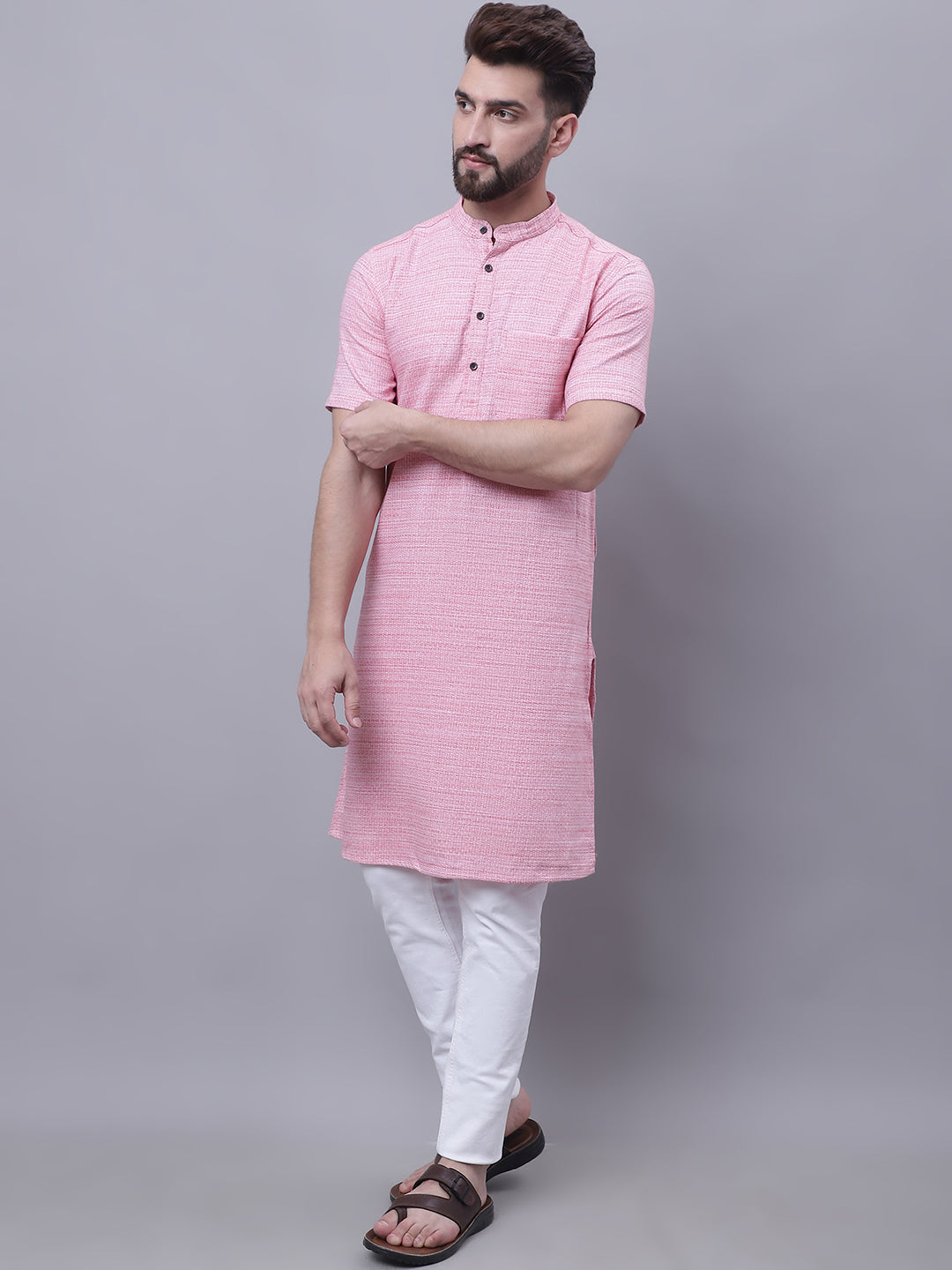 Even Apparels Pink Pure Cotton Short Sleeves Kurta With Band Collar | Swadesiicart