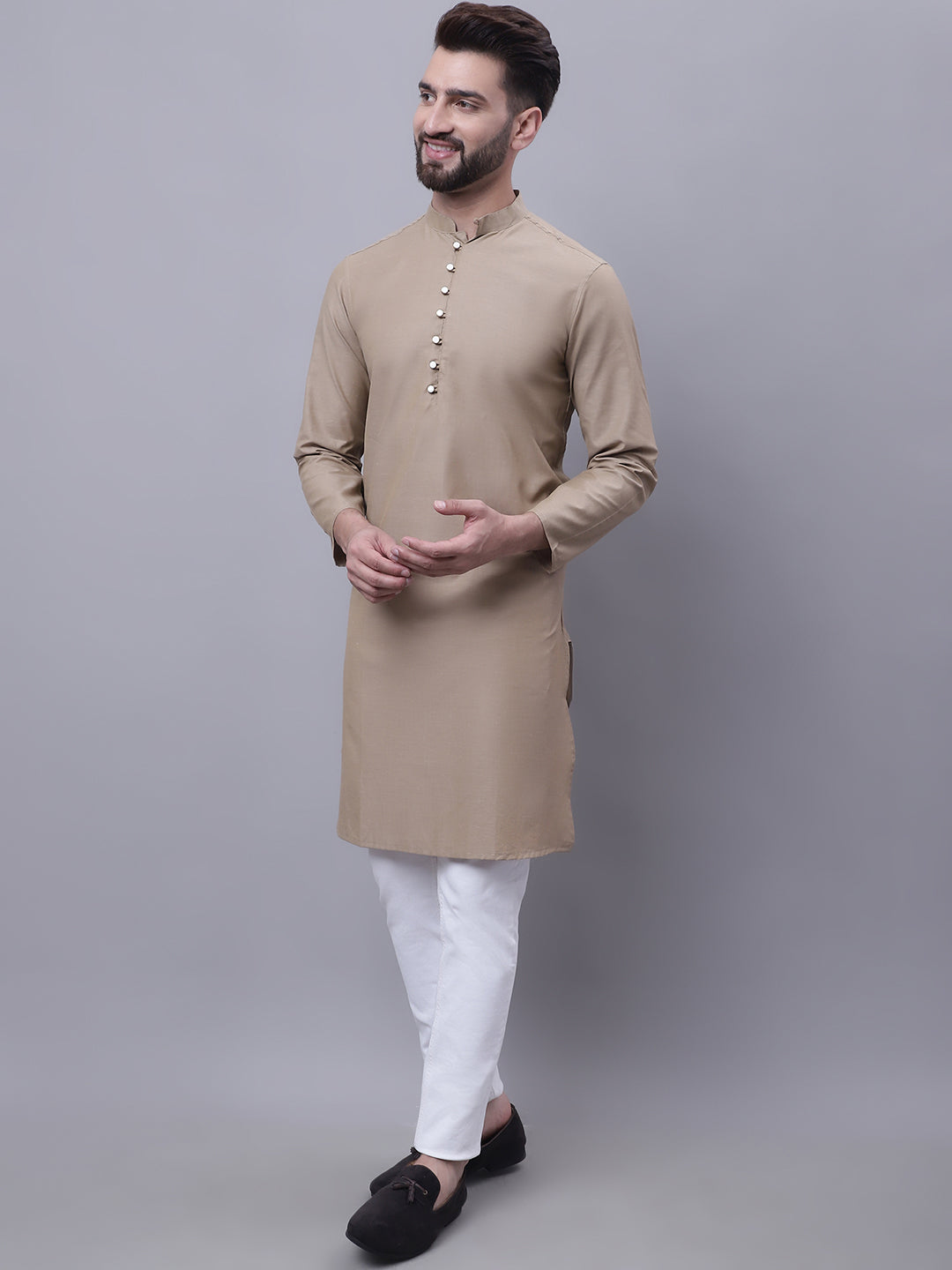 Even Apparels Beige Pure Cotton Kurta With Band Collar | Swadesiicart