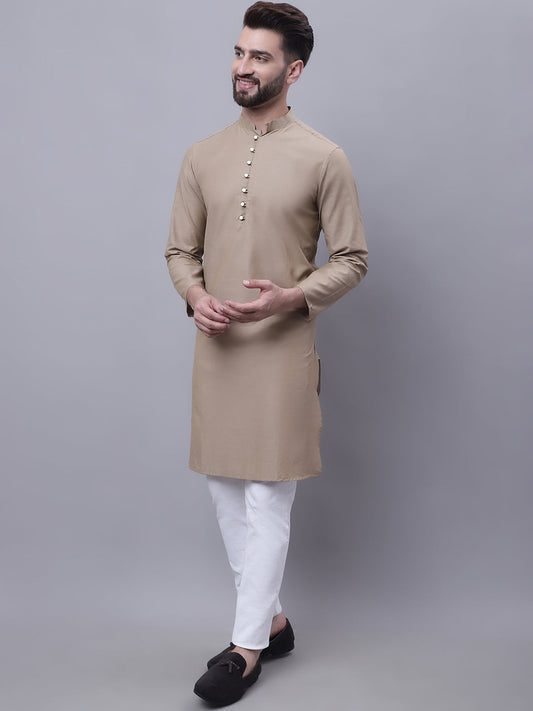 Even Apparels Beige Pure Cotton Kurta With Band Collar | Swadesiicart