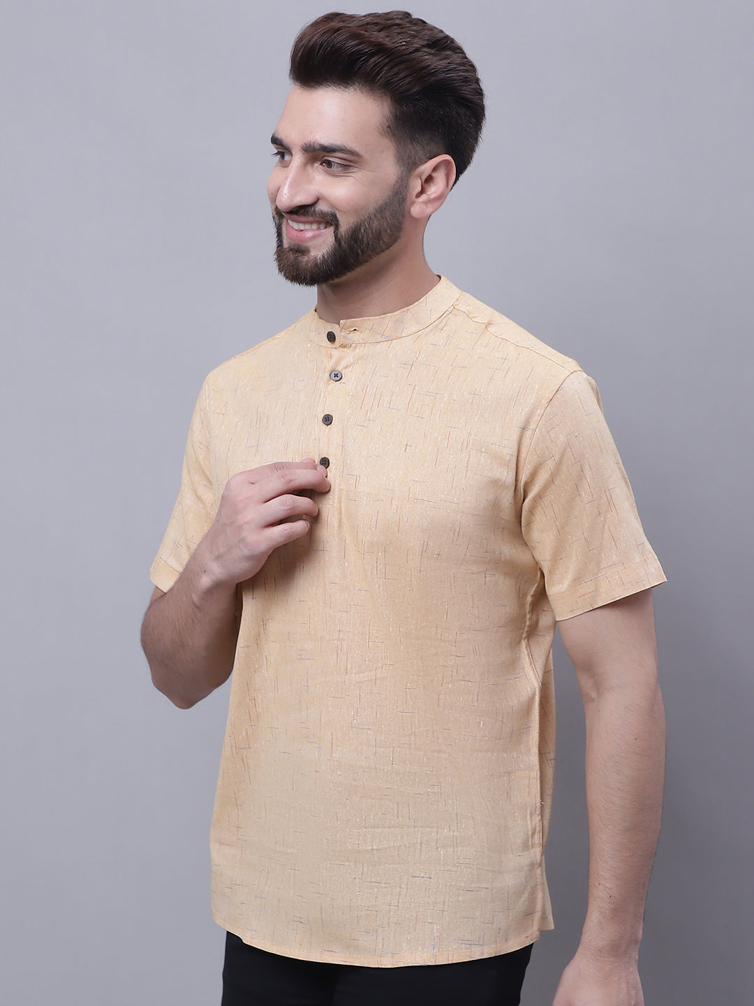 Even Apparels Beige Pure Cotton Short Kurta With Band Collar | Swadesiicart