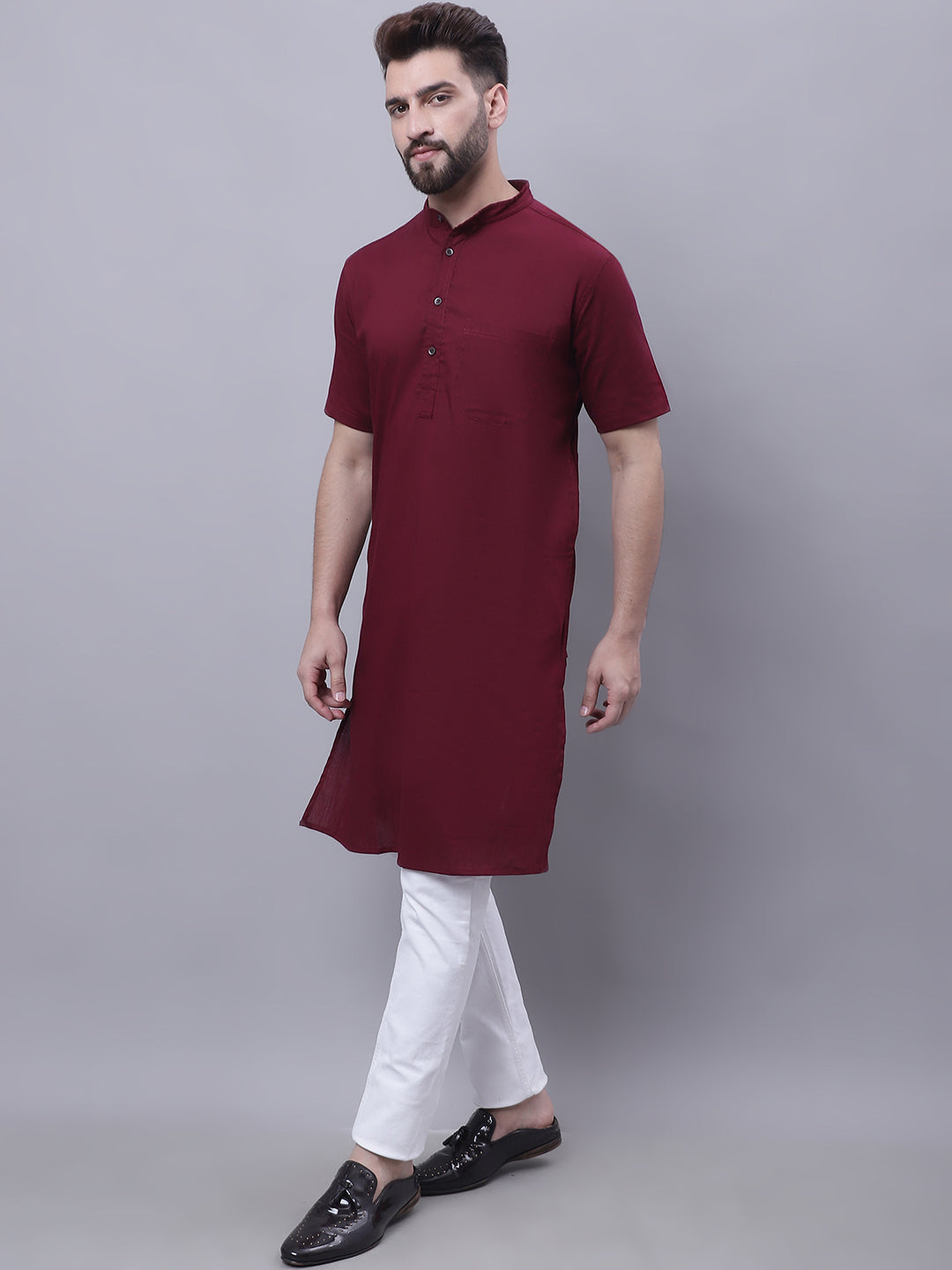 Even Apparels Red Pure Cotton Short Sleeves Kurta With Band Collar | Swadesiicart