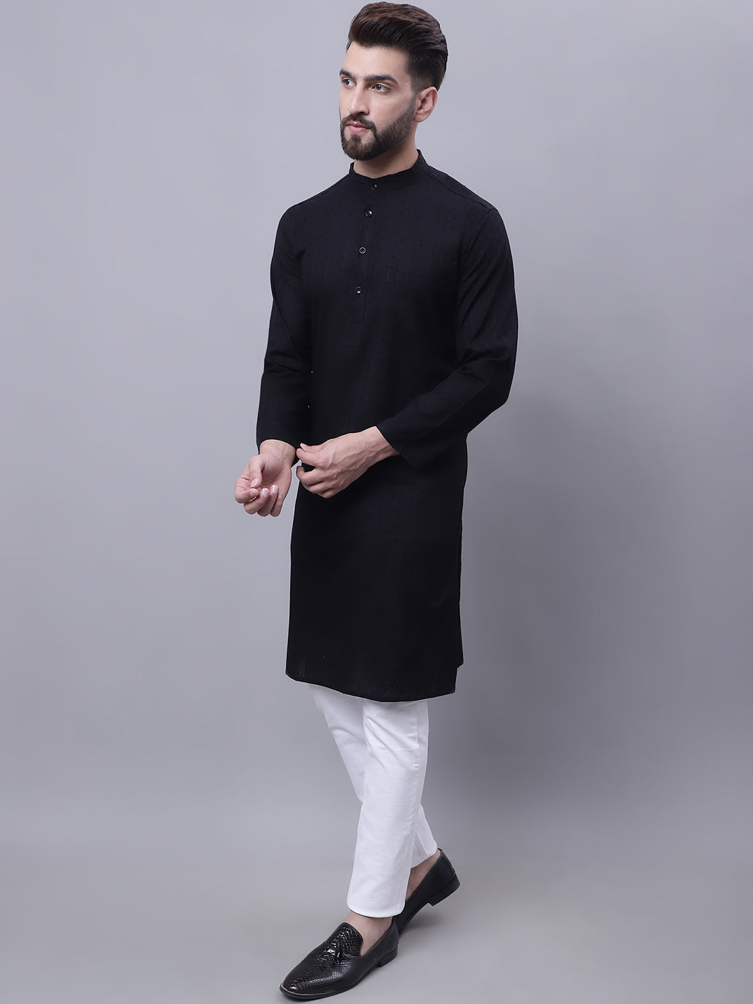 Even Apparels Black Pure Cotton Kurta With Band Collar | Swadesiicart
